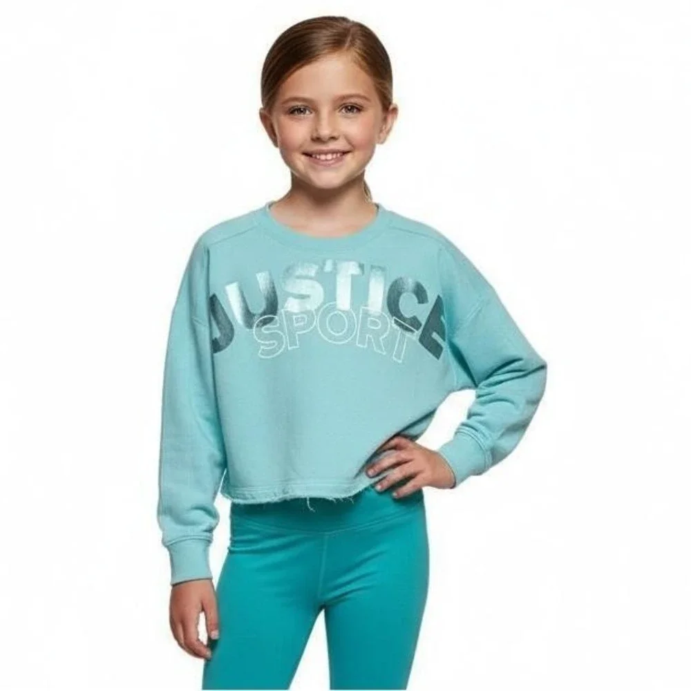 JUSTICE Sport Activewear Girls‎ 12 Teal Crop Sweatshirt Crew Neck Athleisure